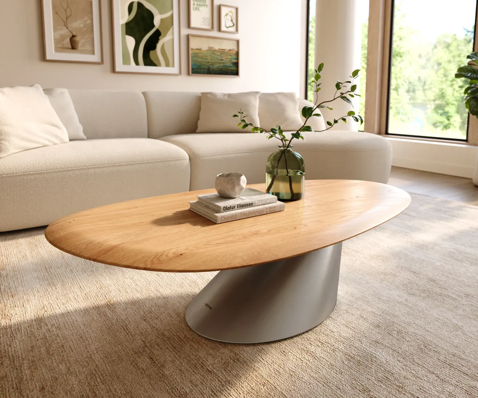 CouchtischEdge Oval 140x75 cm Eiche Natur Runde Kante Conis Edelstahl gebürstet Sofort versandfertig