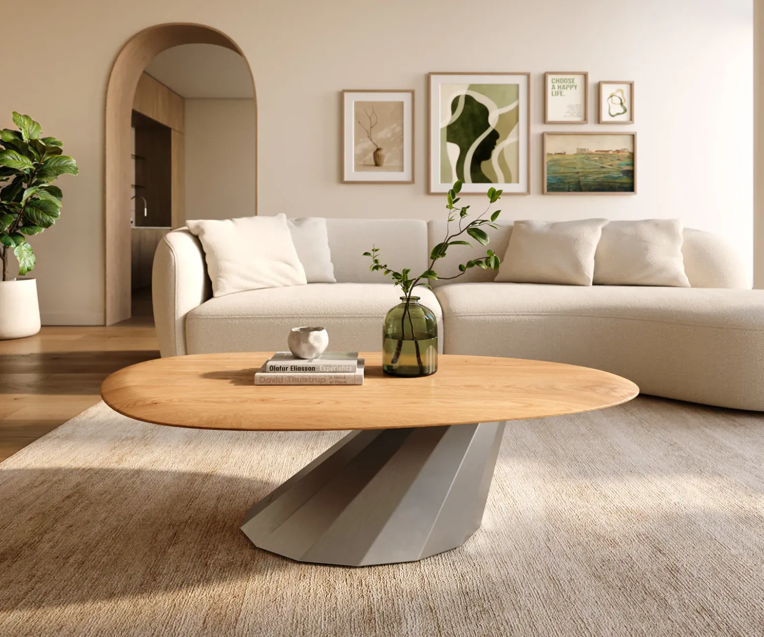 CouchtischEdge Oval 140x75 cm Eiche Natur Runde Kante Parabi Edelstahl gebürstet Sofort versandfertig