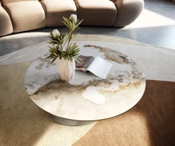 CouchtischEdge Rund 90x90 cm Keramik Minas Melange Conis Metall Effektfinish Titan Sofort versandfertig