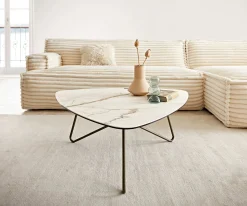 CouchtischEkrem 88x85 cm Keramik Calacatta Luxe Weiß-Gold-Grau Hairpin rund Metall Effektfinish Titan Sofort versandfertig