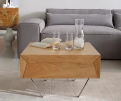 CouchtischKayu 60x60 cm Akazie Natur 2 Schübe V-Fuß Edelstahl Sofort versandfertig