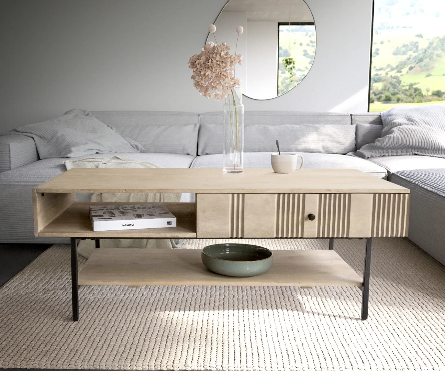 CouchtischNereos 130x60 cm Mango White Wash Metall Schwarz Sofort versandfertig
