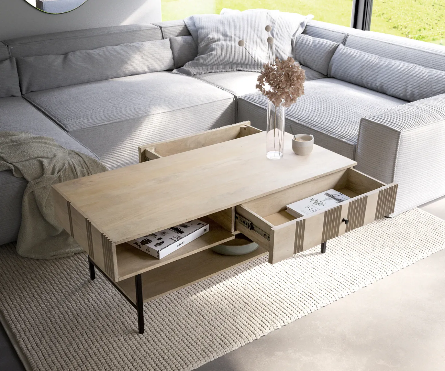 CouchtischNereos 130x60 cm Mango White Wash Metall Schwarz Sofort versandfertig