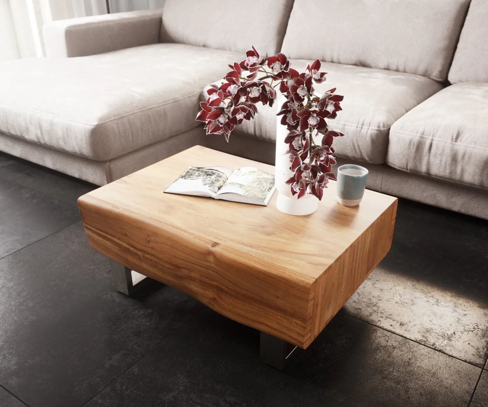CouchtischNew Live-Edge Live-Edge 80x60 cm Akazie Natur 2 Schubladen Kufe Edelstahl gebürstet Sofort versandfertig