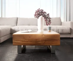 CouchtischNew Live-Edge Live-Edge 80x60 cm Akazie Natur 2 Schubladen Kufe Edelstahl gebürstet Sofort versandfertig