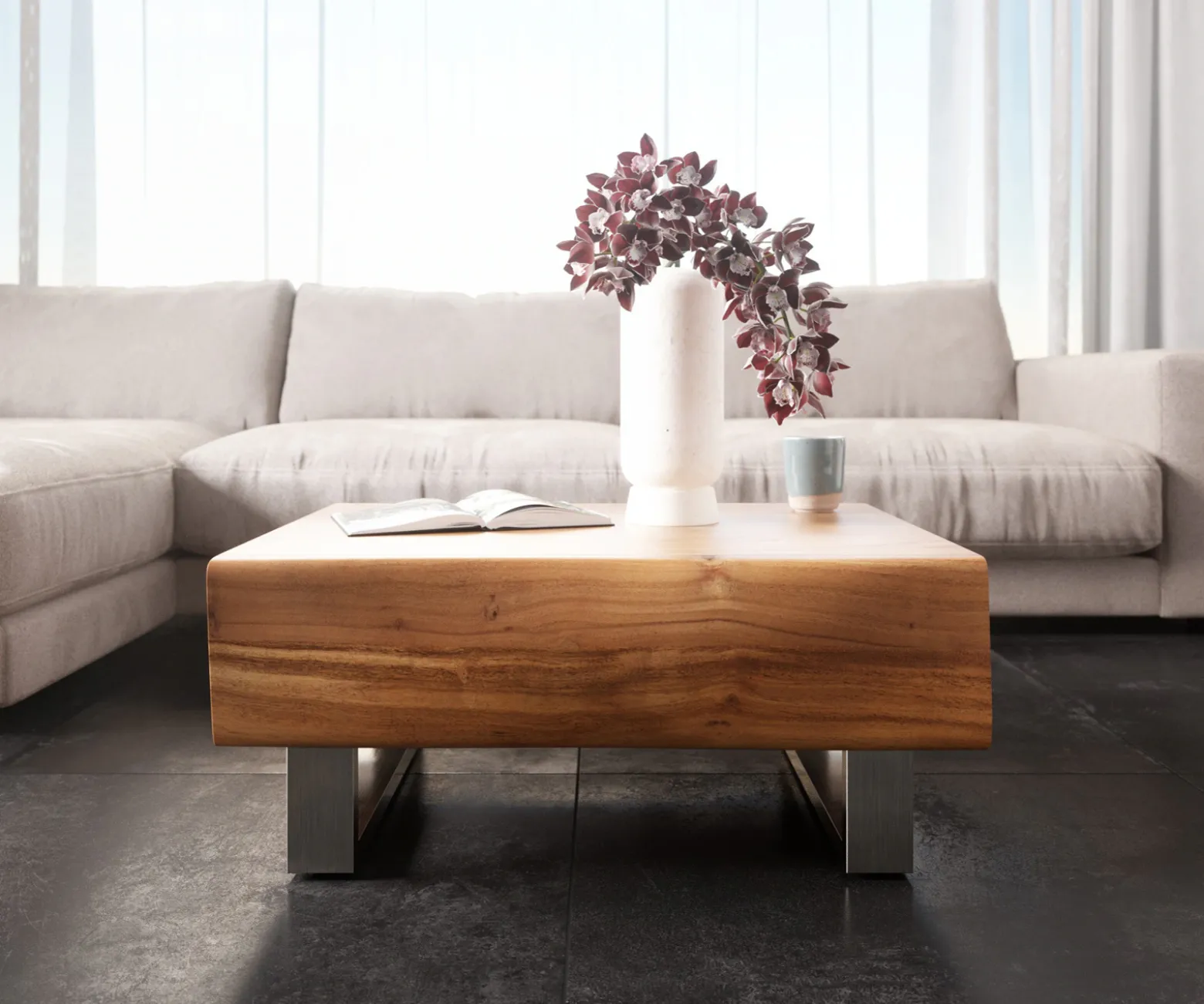 CouchtischNew Live-Edge Live-Edge 80x60 cm Akazie Natur 2 Schubladen Kufe Edelstahl gebürstet Sofort versandfertig
