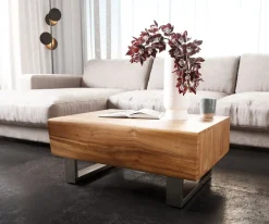 CouchtischNew Live-Edge Live-Edge 80x60 cm Akazie Natur 2 Schubladen Kufe Edelstahl gebürstet Sofort versandfertig