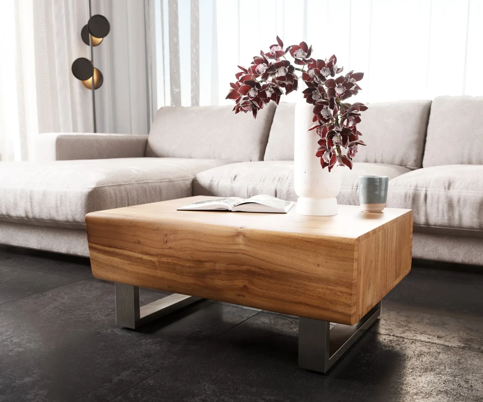 CouchtischNew Live-Edge Live-Edge 80x60 cm Akazie Natur 2 Schubladen Kufe Edelstahl gebürstet Sofort versandfertig