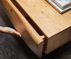 CouchtischNew Live-Edge Live-Edge 80x60 cm Akazie Natur 2 Schubladen Kufe Edelstahl gebürstet Sofort versandfertig