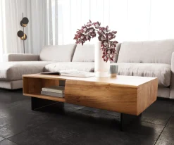 CouchtischNew Live-Edge Live-Edge 115x60 cm Akazie Natur 2 Schubladen 1 Fach Fuß schwebend Metall Schwarz Sofort versandfertig