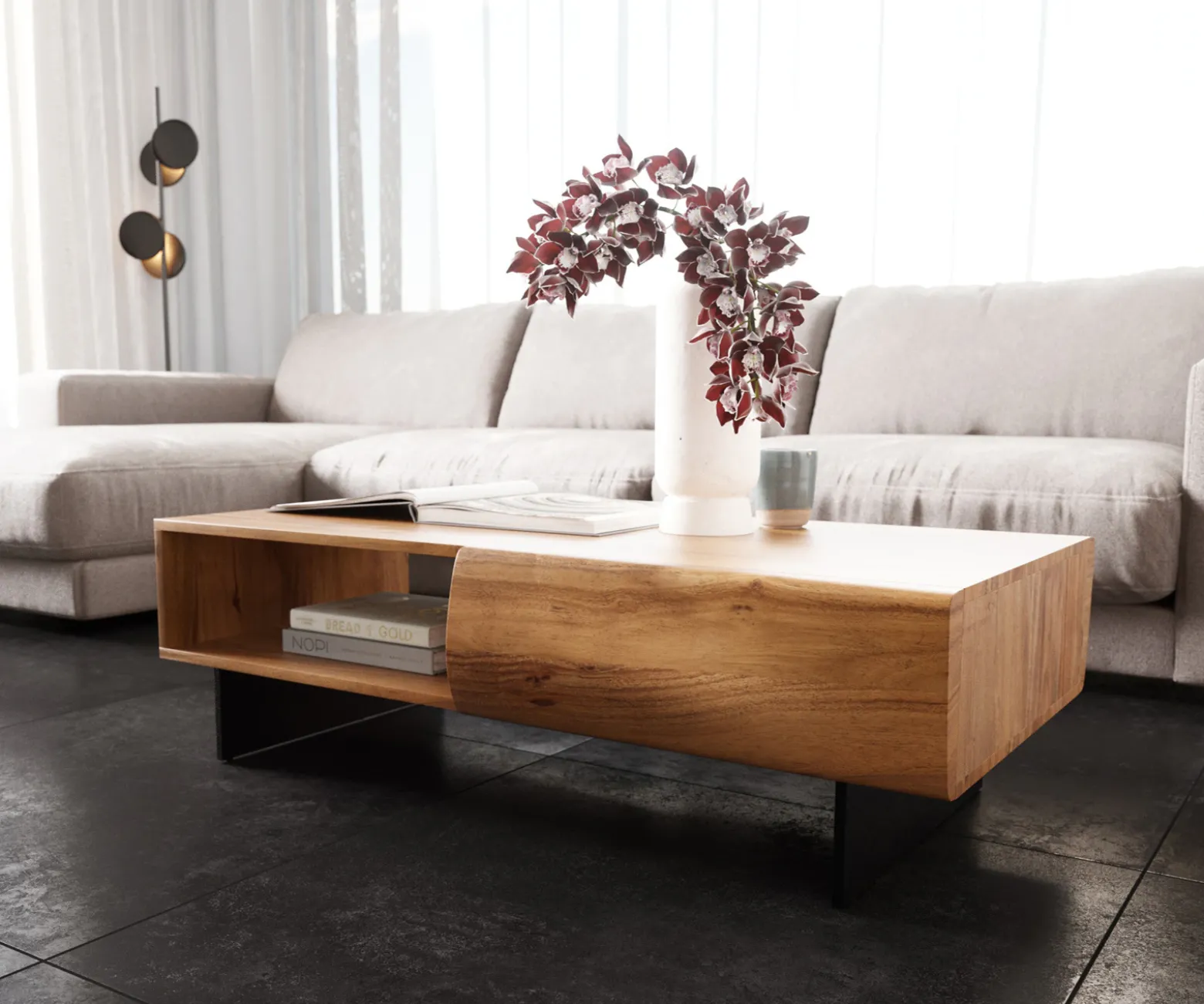 CouchtischNew Live-Edge Live-Edge 115x60 cm Akazie Natur 2 Schubladen 1 Fach Fuß schwebend Metall Schwarz Sofort versandfertig