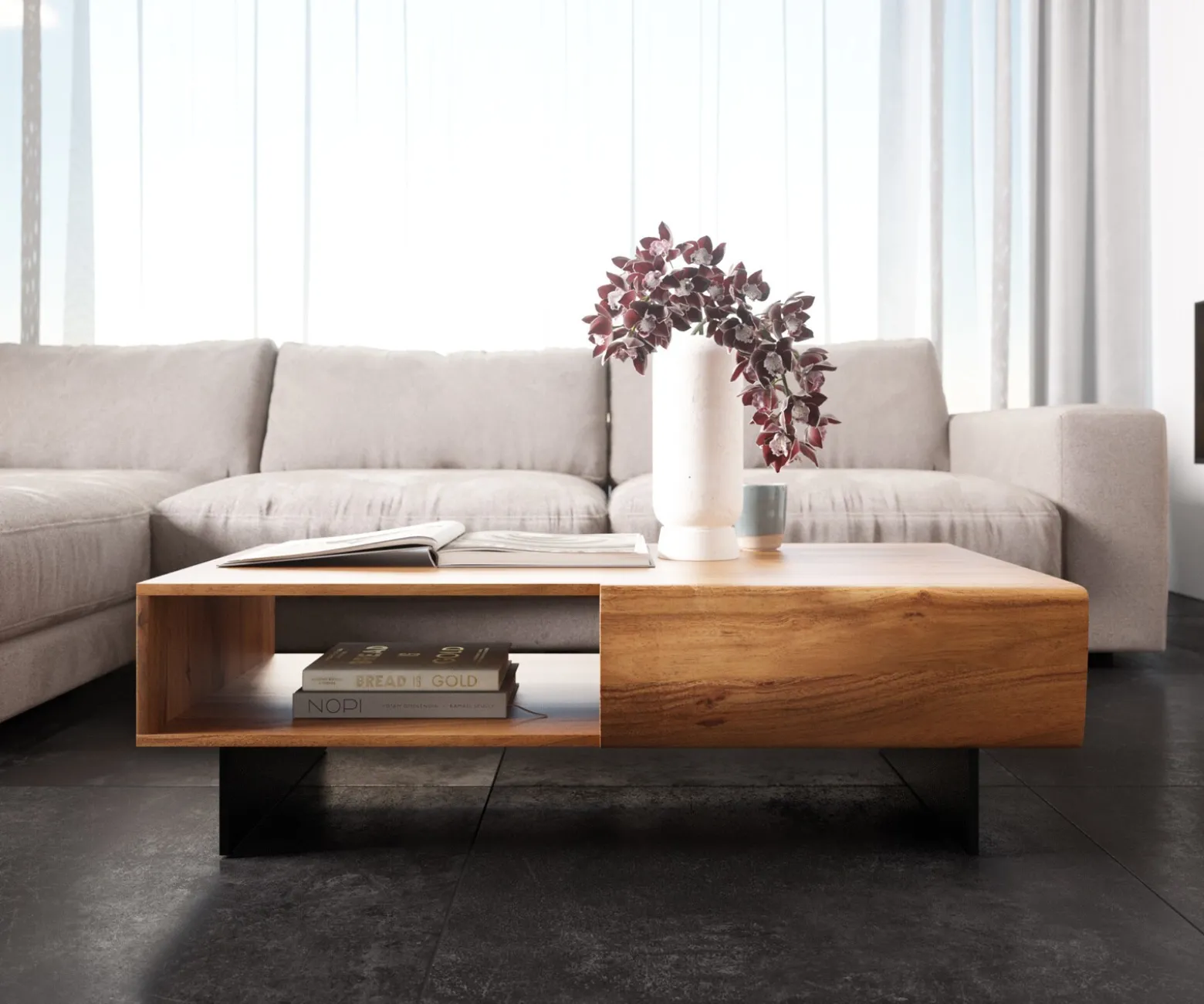 CouchtischNew Live-Edge Live-Edge 115x60 cm Akazie Natur 2 Schubladen 1 Fach Fuß schwebend Metall Schwarz Sofort versandfertig
