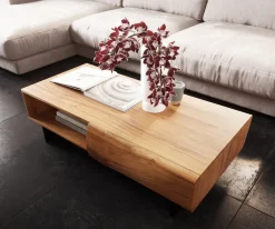CouchtischNew Live-Edge Live-Edge 115x60 cm Akazie Natur 2 Schubladen 1 Fach Fuß schwebend Metall Schwarz Sofort versandfertig