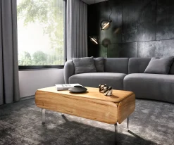 CouchtischShavani 100x50 cm Akazie Natur 1 Schublade L-Fuß Edelstahl Silber Sofort versandfertig