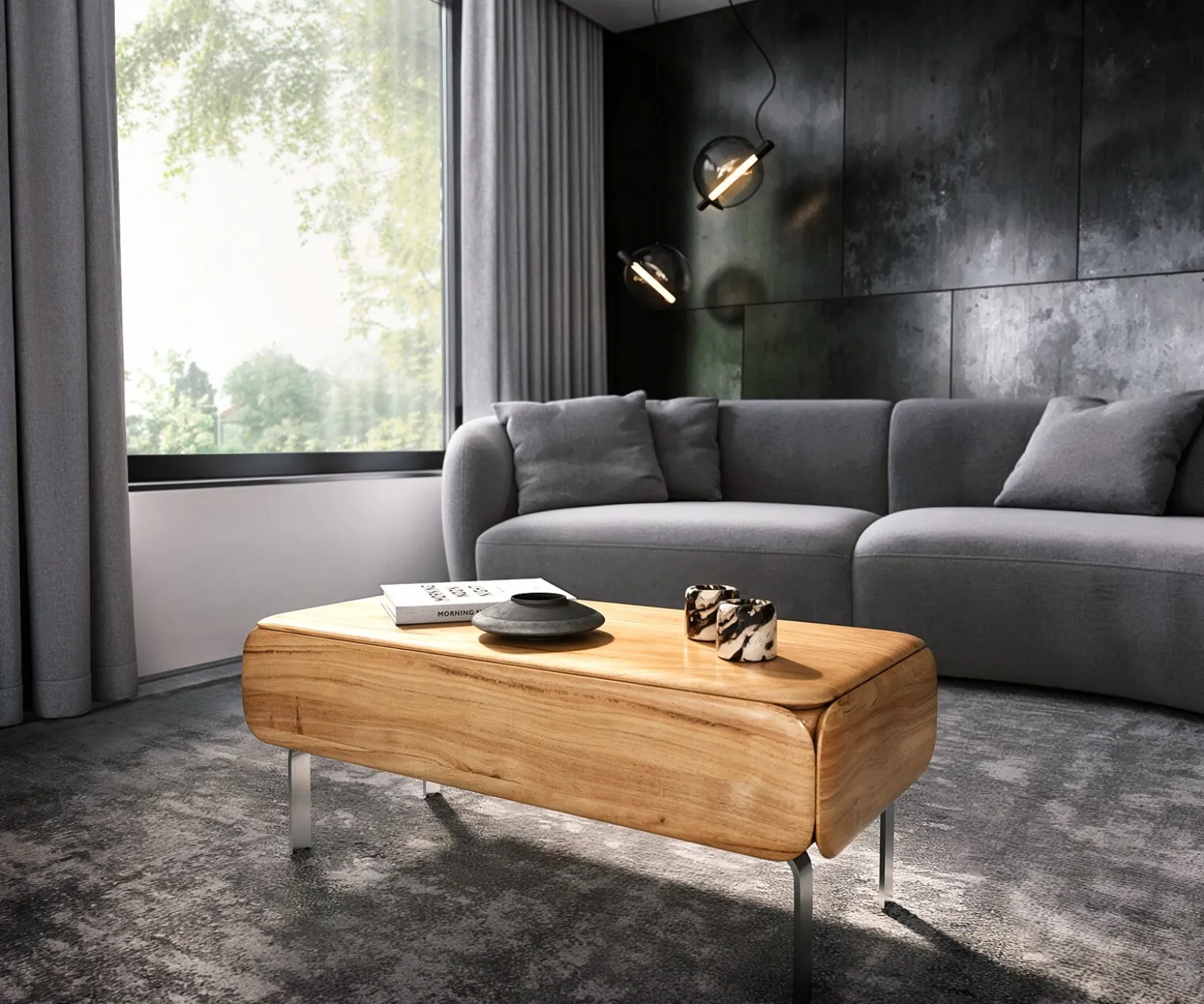 CouchtischShavani 100x50 cm Akazie Natur 1 Schublade L-Fuß Edelstahl Silber Sofort versandfertig