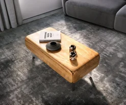 CouchtischShavani 100x50 cm Akazie Natur 1 Schublade L-Fuß Edelstahl Silber Sofort versandfertig