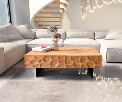 CouchtischSolu 120x70 cm Akazie Natur 4 Schübe Fuß schwebend Metall Schwarz 3D-Front Sofort versandfertig