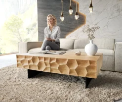 CouchtischSolu 120x70 cm Eiche Natur 4 Schübe Fuß schwebend Metall Schwarz 3D-Front Sofort versandfertig
