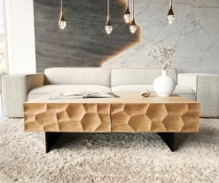 CouchtischSolu 120x70 cm Eiche Natur 4 Schübe Fuß schwebend Metall Schwarz 3D-Front Sofort versandfertig
