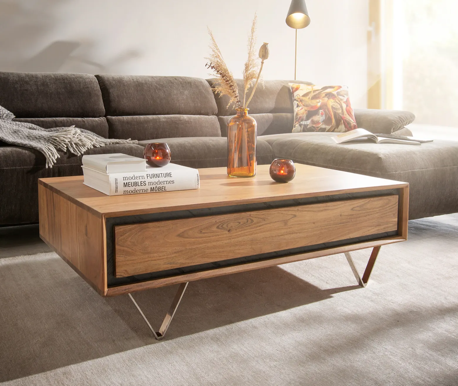 CouchtischStonegrace 115x60 cm Akazie Natur 2 Schubladen Steinfurnier Sofort versandfertig
