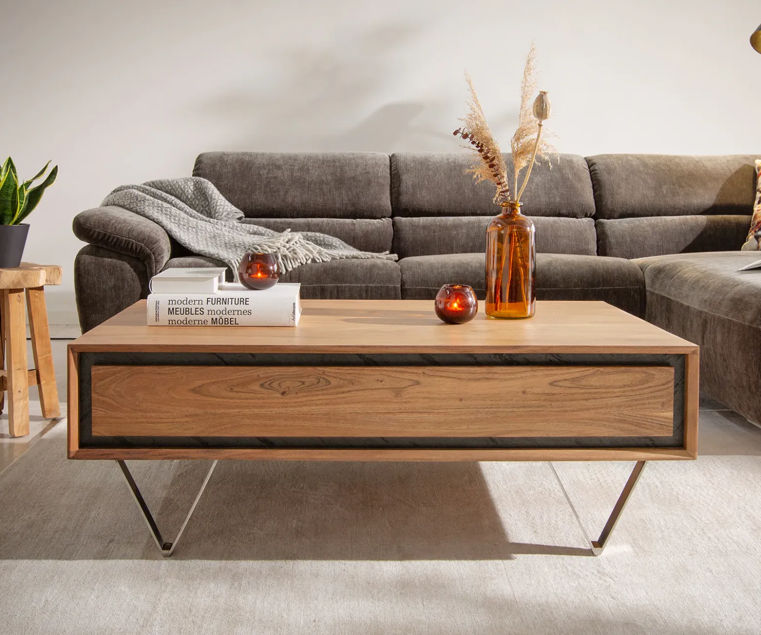 CouchtischStonegrace 115x60 cm Akazie Natur 2 Schubladen Steinfurnier Sofort versandfertig