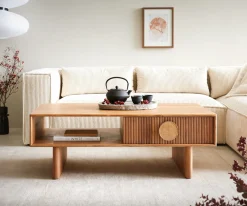 CouchtischSurimu 115x60 cm Akazie Hellbraun 2 Schubladen Kork-Griff Holzfüße Versandfertig ca. 07.11.26
