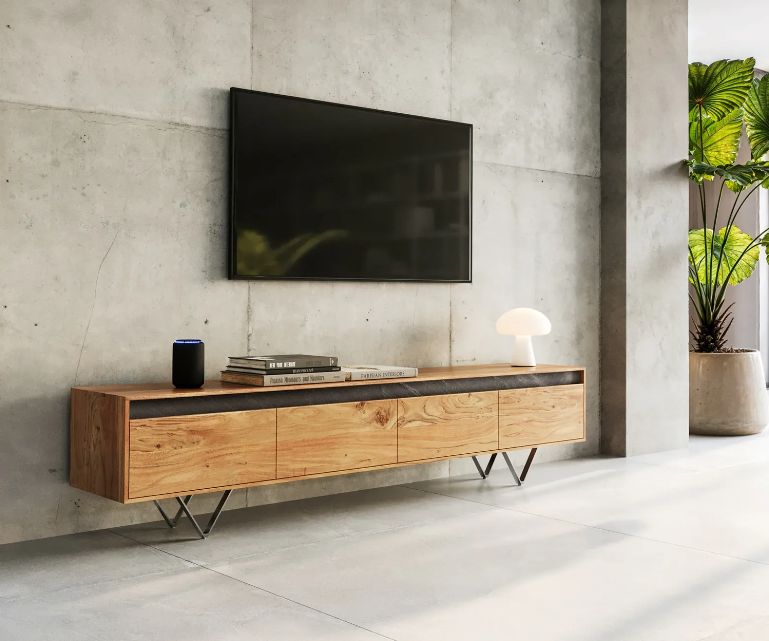 Designer-LowboardStonegrace 200 cm Akazie Natur Schiefer 4 Schübe Sofort versandfertig