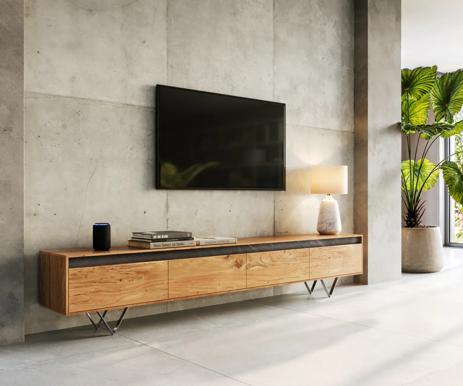 Design-LowboardStonegrace 240 cm Akazie Natur Schiefer 4 Türen Sofort versandfertig