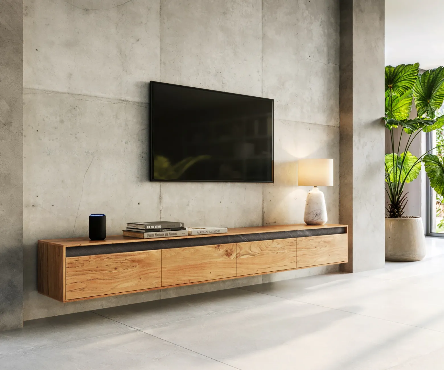 Design-LowboardStonegrace 240 cm Akazie Natur Schiefer 4 Türen schwebend Sofort versandfertig