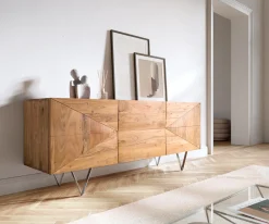 Design-SideboardWyatt 175 cm 3D Optik mittig Akazie Natur Edelstahl Sofort versandfertig