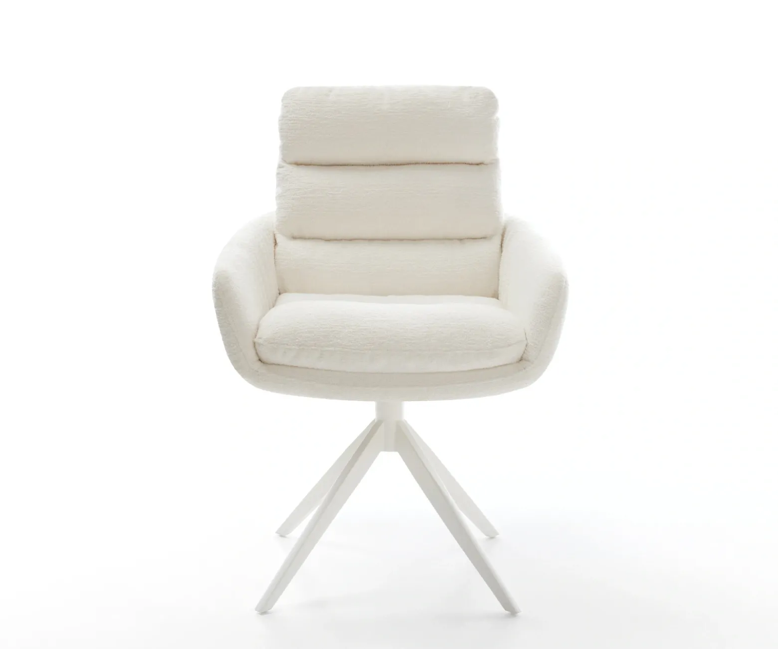 DrehstuhlAbelia-Flex mit Armlehnen Bouclé Soft Beige Kreuzgestell breit Weiß 360° drehbar Wippfunktion Sofort versandfertig