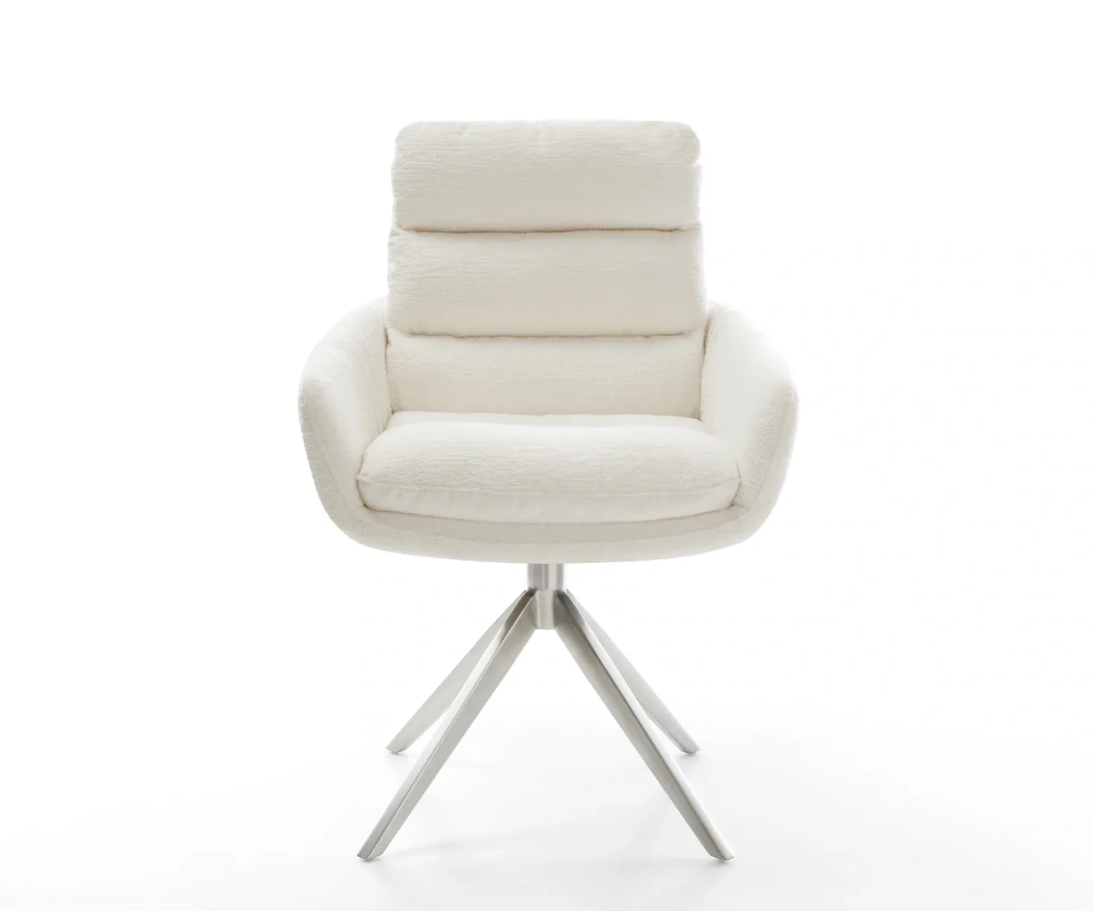 DrehstuhlAbelia-Flex mit Armlehnen Bouclé Soft Beige Kreuzgestell breit Edelstahl 360° drehbar Wippfunktion Sofort versandfertig