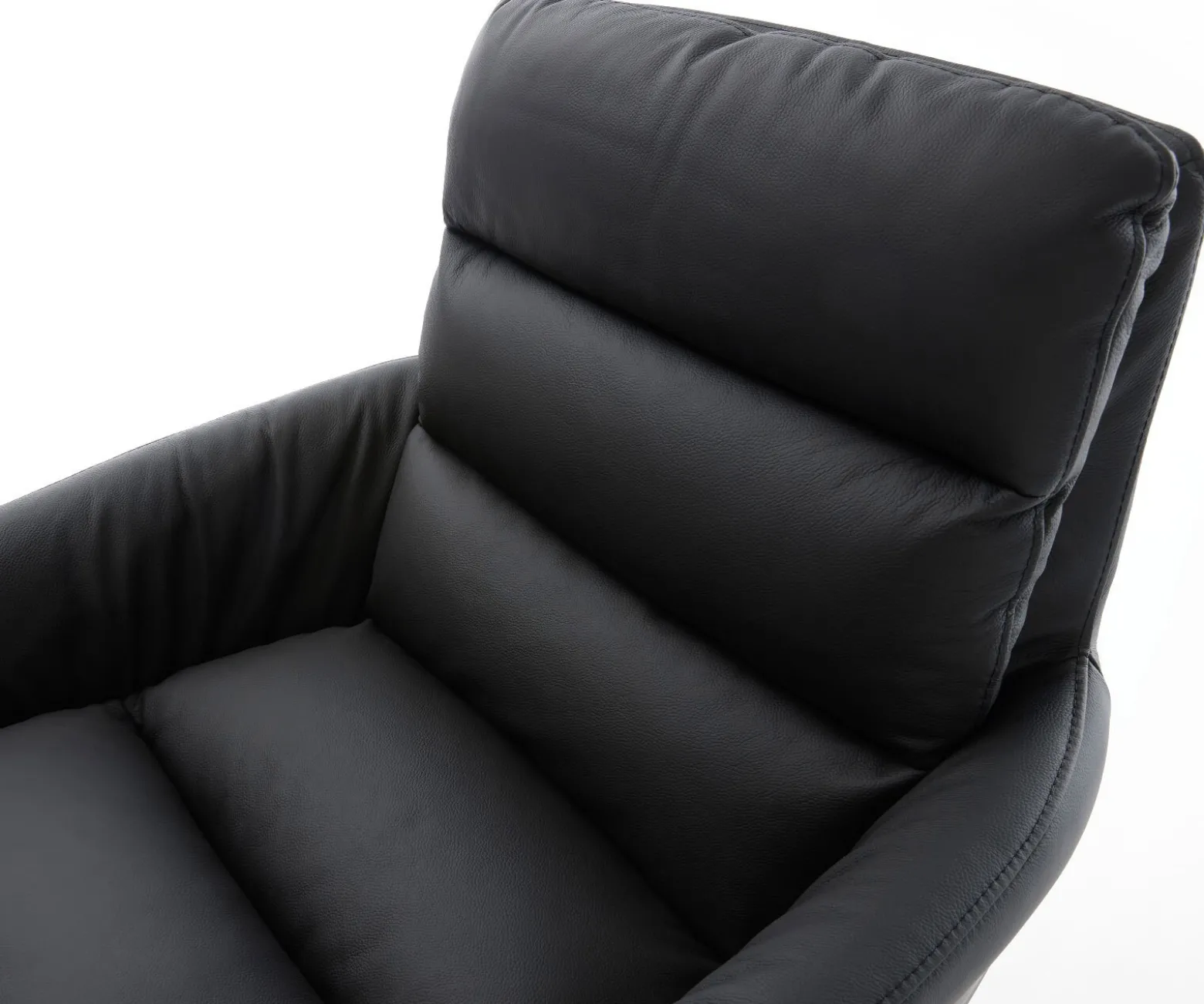 DrehstuhlAbelia-Flex mit Armlehnen Echt-Leder Schwarz Kreuzgestell breit Edelstahl 360° drehbar Wippfunktion Sofort versandfertig