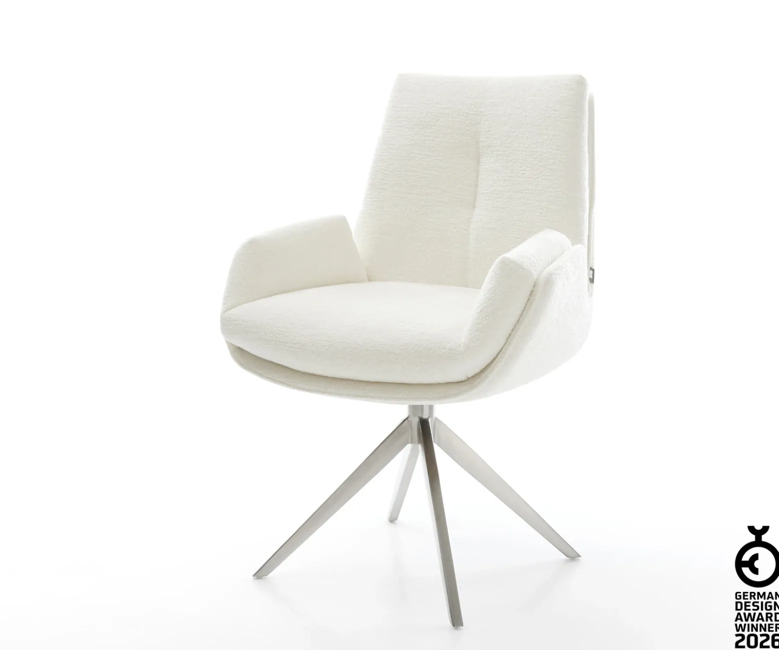 DrehstuhlClea-Flex Bouclé Soft Beige Kreuzgestell breit Edelstahl 360° drehbar Wippfunktion Sofort versandfertig