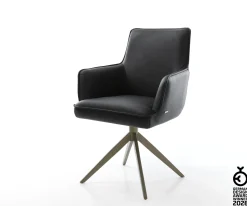DrehstuhlHeira-Flex mit Armlehnen Echt-Leder Schwarz Kreuzgestell breit Effektfinish Titan 360° drehbar Wippfunktion Taschenfederkern Sofort versandfertig