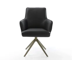 DrehstuhlHeira-Flex mit Armlehnen Echt-Leder Schwarz Kreuzgestell breit Effektfinish Titan 360° drehbar Wippfunktion Taschenfederkern Sofort versandfertig