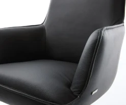 DrehstuhlHeira-Flex mit Armlehnen Echt-Leder Schwarz Kreuzgestell breit Edelstahl 360° drehbar Wippfunktion Taschenfederkern Sofort versandfertig