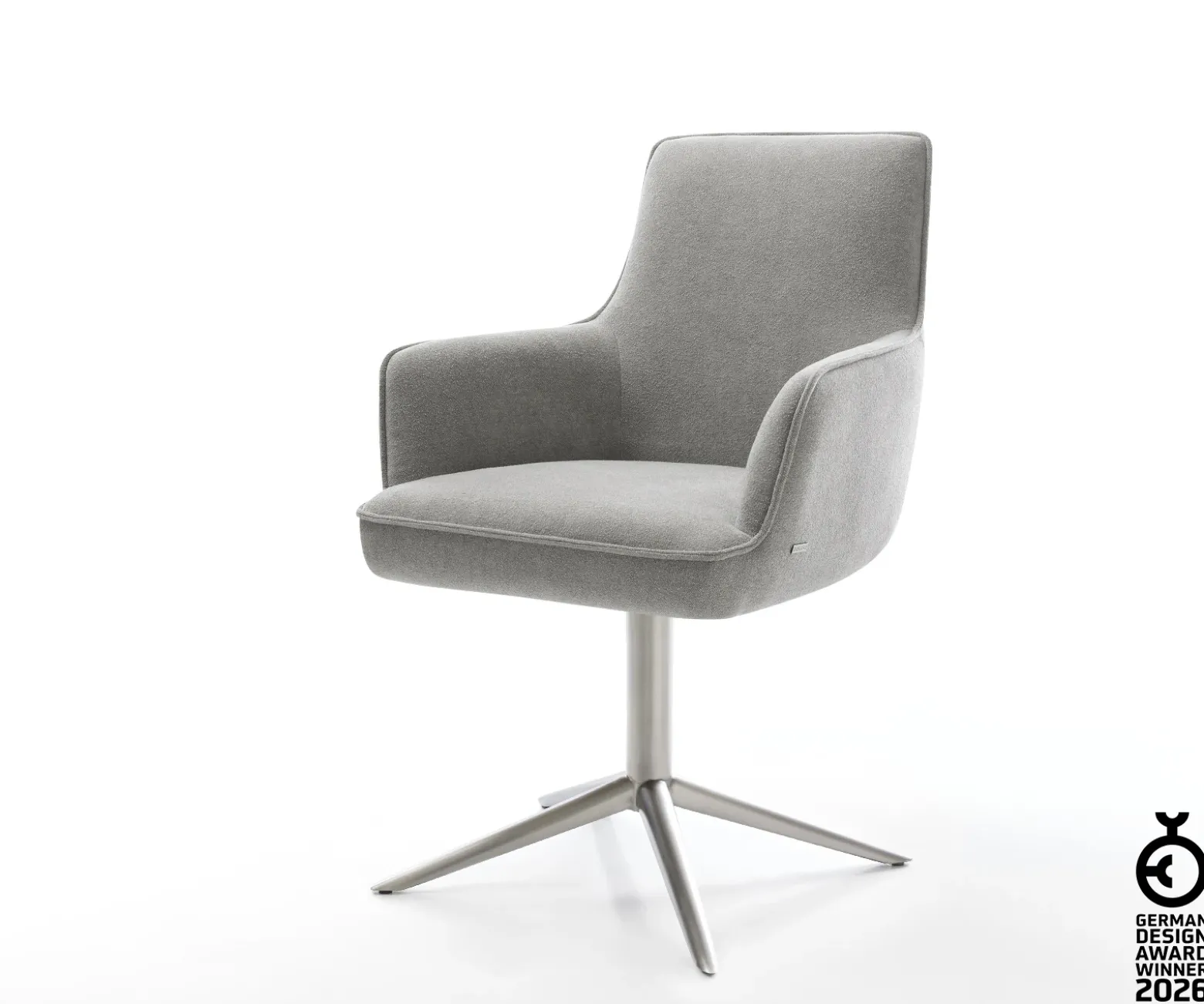 DrehstuhlHeira-Flex mit Armlehnen Strukturstoff Soft Grau Fußkreuz Edelstahl 360° drehbar Wippfunktion Taschenfederkern Sofort versandfertig