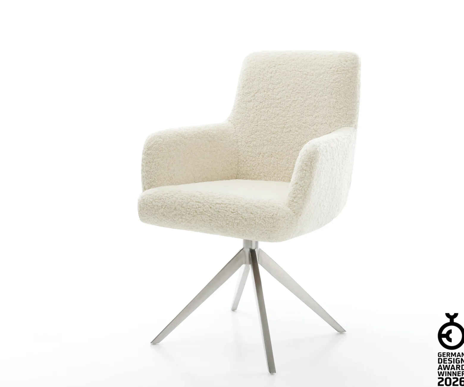 DrehstuhlHeira-Flex mit Armlehnen Teddystoff Beige Kreuzgestell breit Edelstahl 360° drehbar Wippfunktion Taschenfederkern Sofort versandfertig