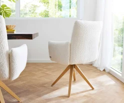 DrehstuhlJova-Flex mit Armlehnen Bouclé Weiß Holzgestell kantig Natur 360° drehbar Taschenfederkern Versandfertig ca. 28.10.26