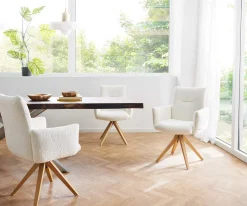 DrehstuhlJova-Flex mit Armlehnen Bouclé Weiß Holzgestell kantig Natur 360° drehbar Taschenfederkern Versandfertig ca. 28.10.26