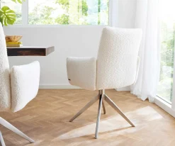 DrehstuhlJova-Flex mit Armlehnen Bouclé Weiß Kreuzgestell breit Edelstahl 360° drehbar Taschenfederkern Sofort versandfertig