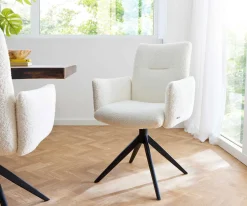DrehstuhlJova-Flex mit Armlehnen Bouclé Weiß Kreuzgestell breit Schwarz 360° drehbar Taschenfederkern Sofort versandfertig