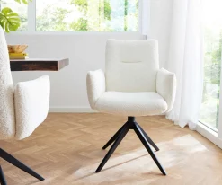 DrehstuhlJova-Flex mit Armlehnen Bouclé Weiß Kreuzgestell breit Schwarz 360° drehbar Taschenfederkern Sofort versandfertig