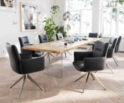 DrehstuhlJova-Flex mit Armlehnen Echt-Leder Schwarz Kreuzgestell breit Edelstahl 360° drehbar Taschenfederkern Sofort versandfertig