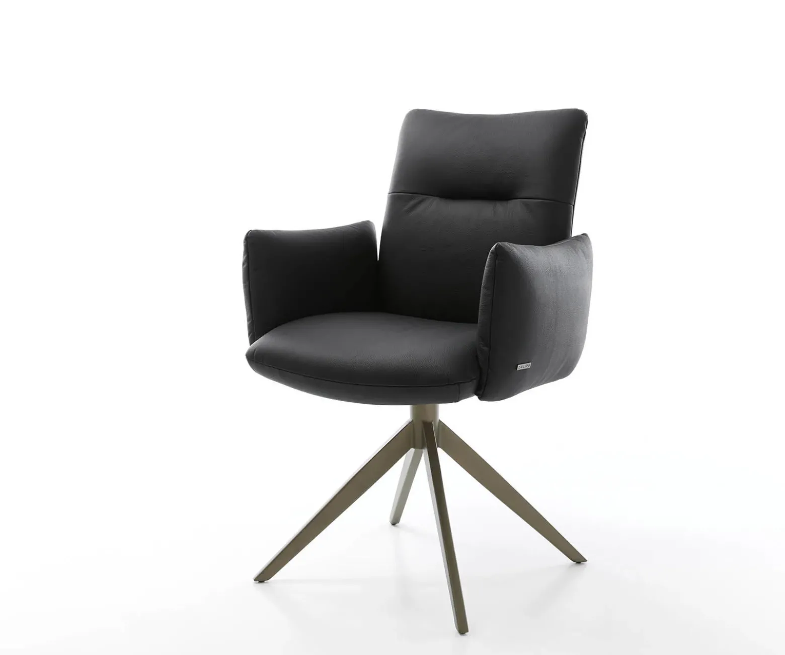 DrehstuhlJova-Flex mit Armlehnen Echt-Leder Schwarz Kreuzgestell breit Effektfinish Titan 360° drehbar Taschenfederkern Sofort versandfertig
