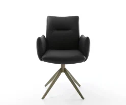 DrehstuhlJova-Flex mit Armlehnen Echt-Leder Schwarz Kreuzgestell breit Effektfinish Titan 360° drehbar Taschenfederkern Sofort versandfertig