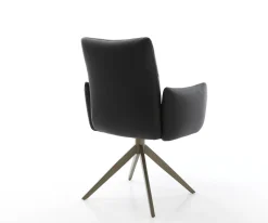DrehstuhlJova-Flex mit Armlehnen Echt-Leder Schwarz Kreuzgestell breit Effektfinish Titan 360° drehbar Taschenfederkern Sofort versandfertig