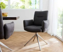 DrehstuhlJova-Flex mit Armlehnen Mikrofaser Anthrazit Vintage Kreuzgestell breit Edelstahl 360° drehbar Taschenfederkern Sofort versandfertig