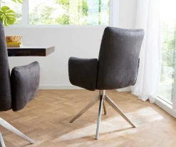 DrehstuhlJova-Flex mit Armlehnen Mikrofaser Anthrazit Vintage Kreuzgestell breit Edelstahl 360° drehbar Taschenfederkern Sofort versandfertig